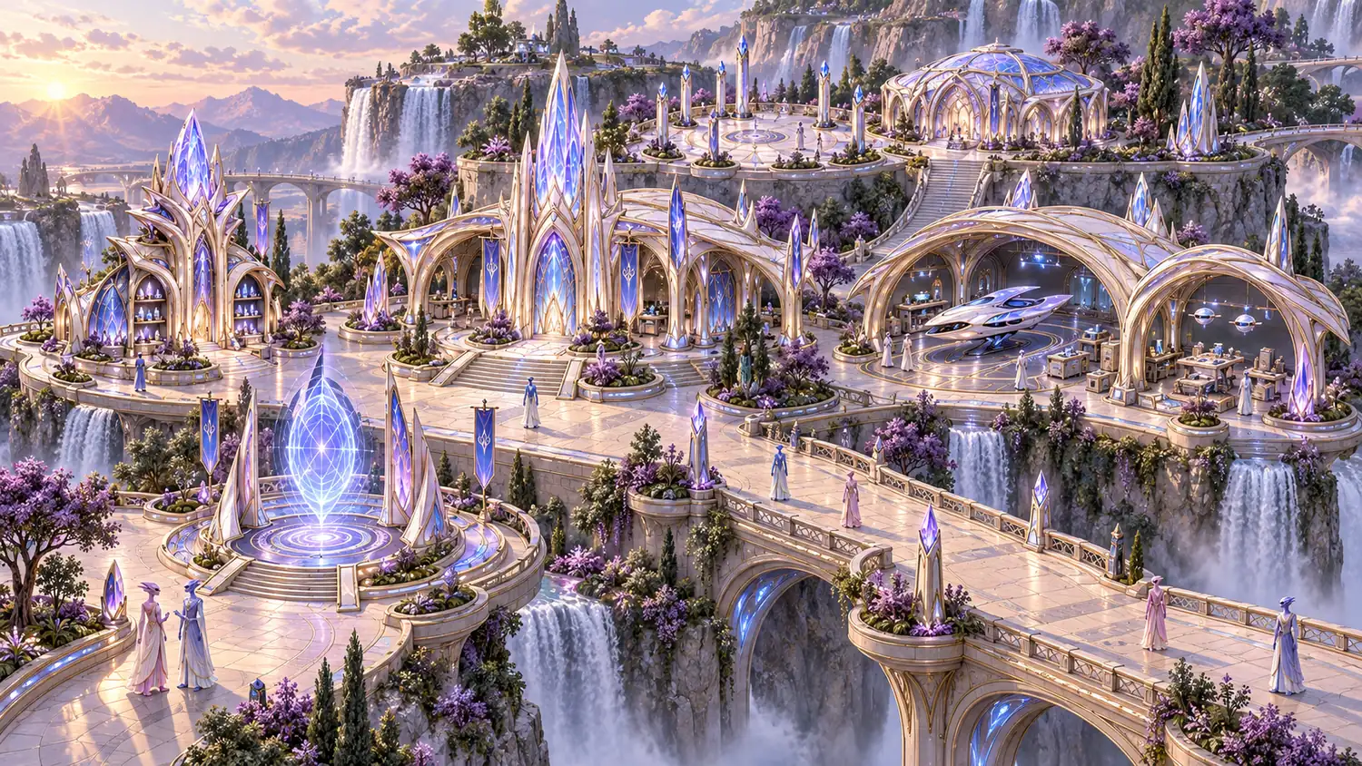 Pale stone city of arched halls and glowing crystal spires on cliff terraces, with waterfalls falling into mist, a glowing portal, and robed lavender-skinned figures walking a bridge at sunset.