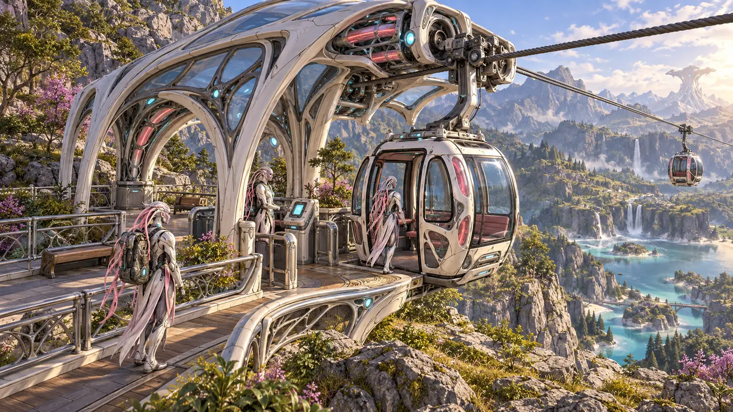 Futuristic white cable-car station under an arched glass canopy where pale armored figures with long pink hair board a gondola above a valley of turquoise lakes and waterfalls.
