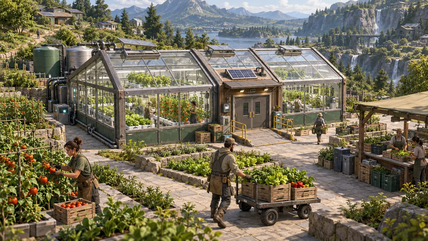 Terraced farm with glass greenhouses and solar panels where workers pick tomatoes and push a cart of produce crates, with a lake and mountains behind.