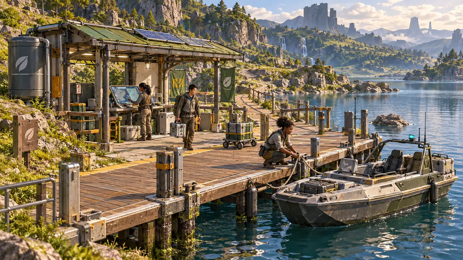 Wooden lakeside dock beside a solar-roofed field station, where people in field gear check equipment and tie up a utility boat, with rock spires on the far shore.