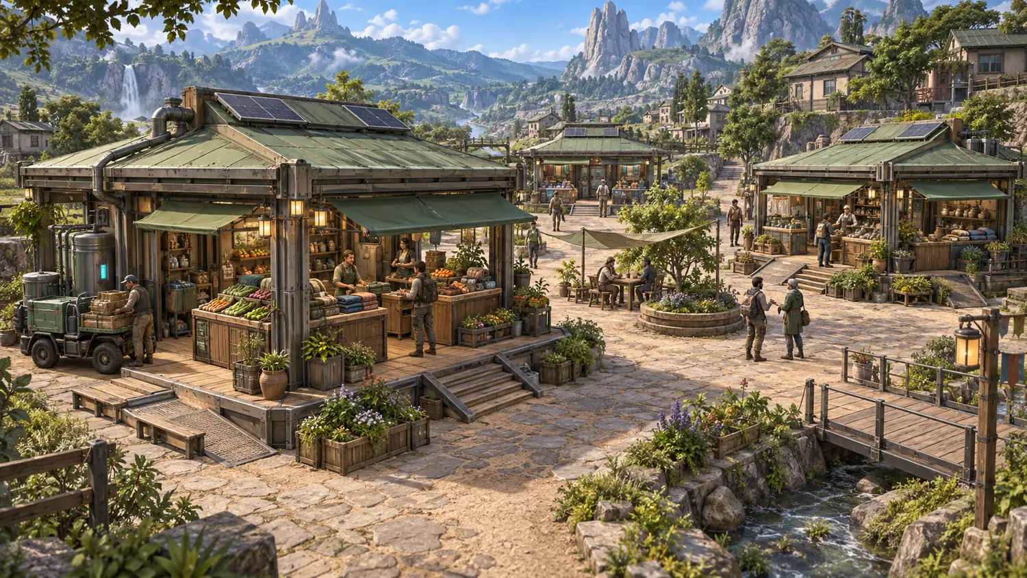Village market square of green-roofed timber stalls stocked with fruit and vegetables, with people shopping, a creek and footbridge, and jagged mountains and a waterfall beyond.