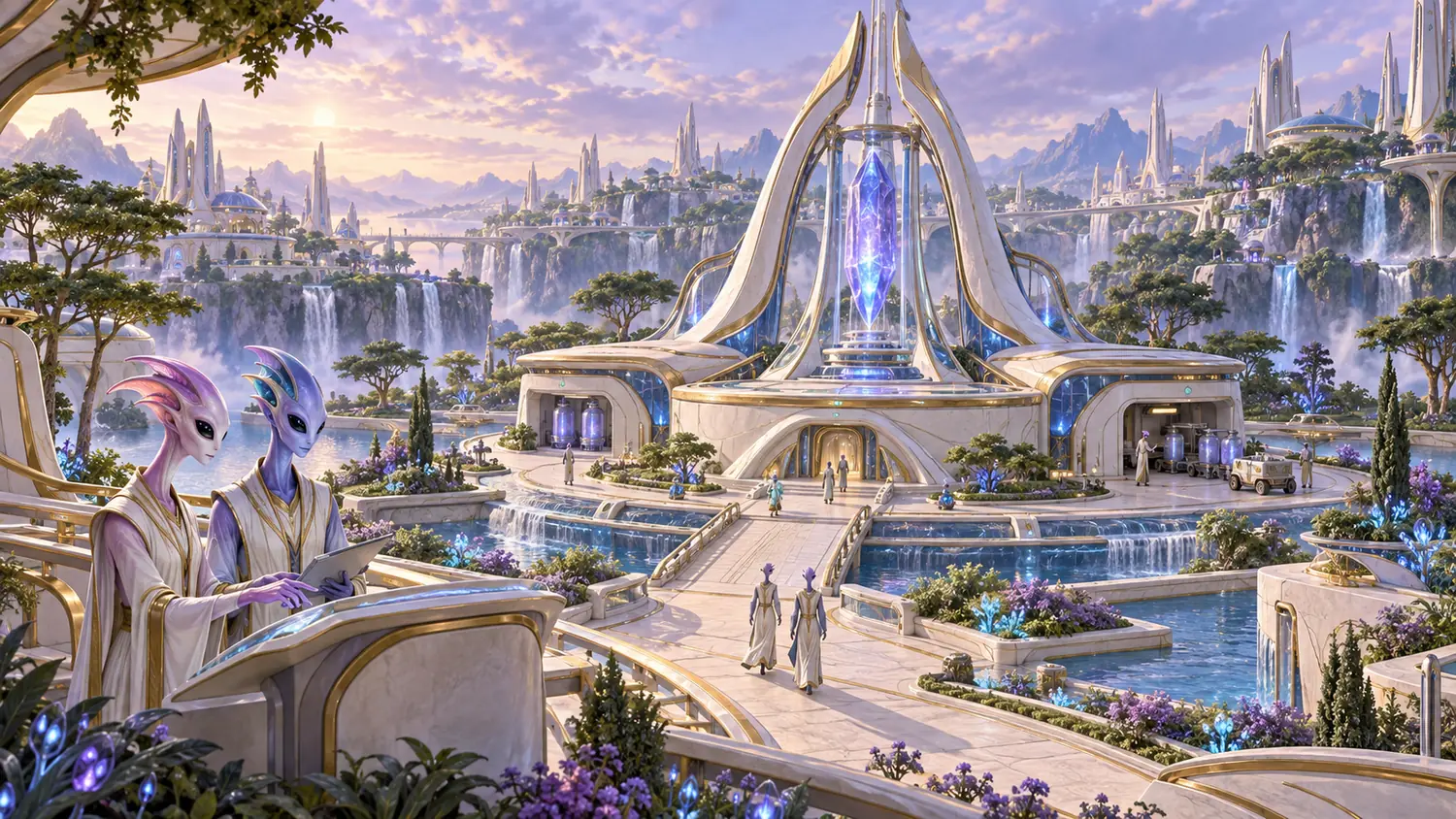 Painted art: a tall white spire holding a glowing blue crystal, above pools, bridges and a waterfall city.