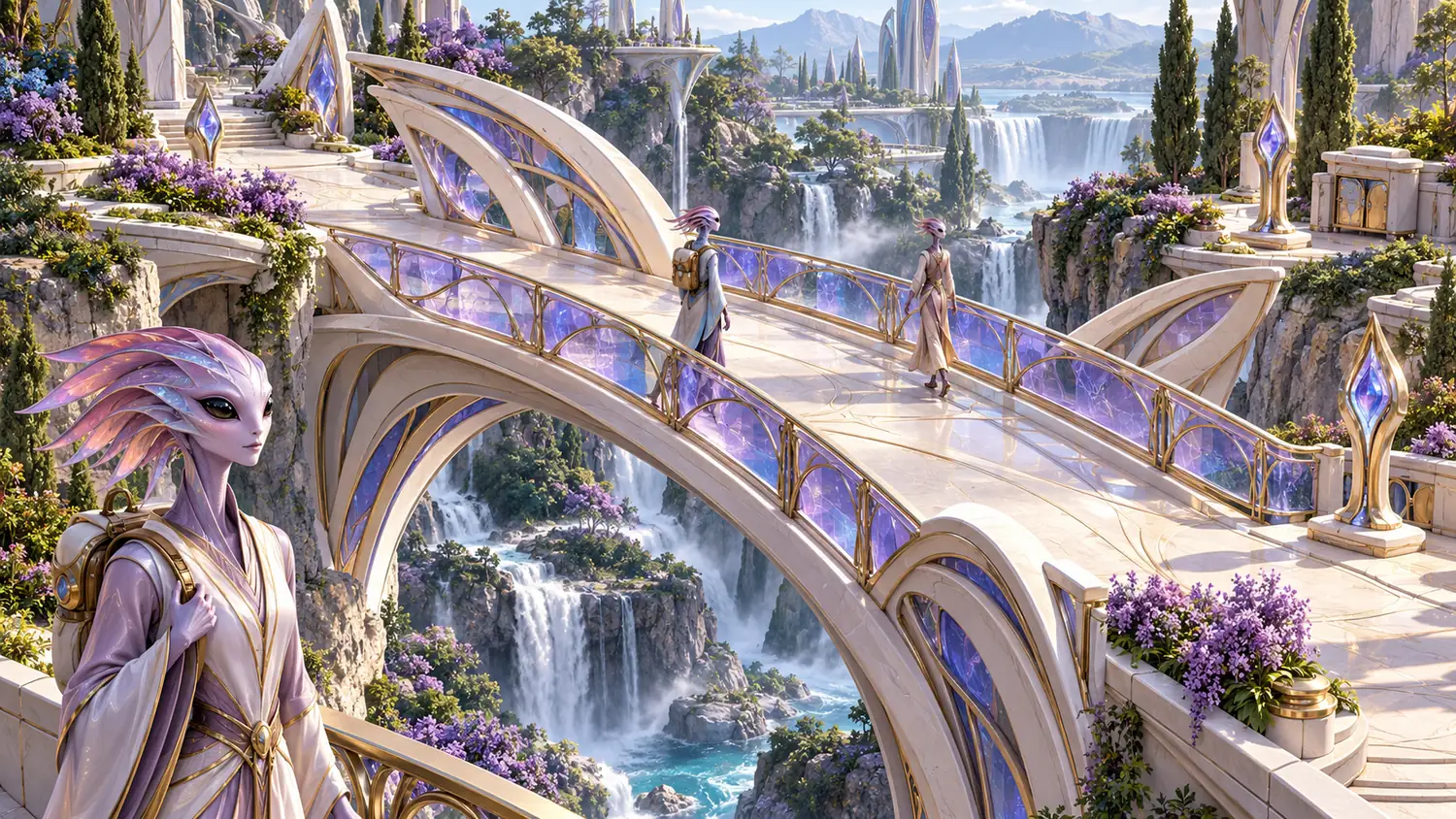 A lavender-skinned traveler with a backpack stands in front of an arched white bridge with violet glass railings over a waterfall gorge as two more travelers cross it.
