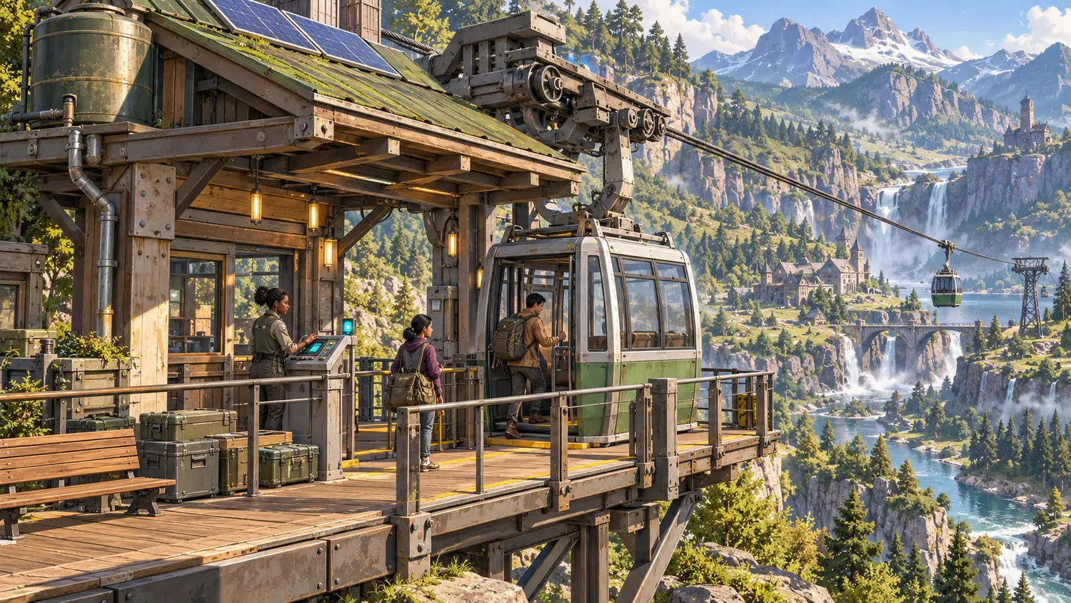 Wooden cable-car station on a cliff where three travelers board a green gondola while a second gondola crosses a valley of pine forest, waterfalls and snow-capped mountains.
