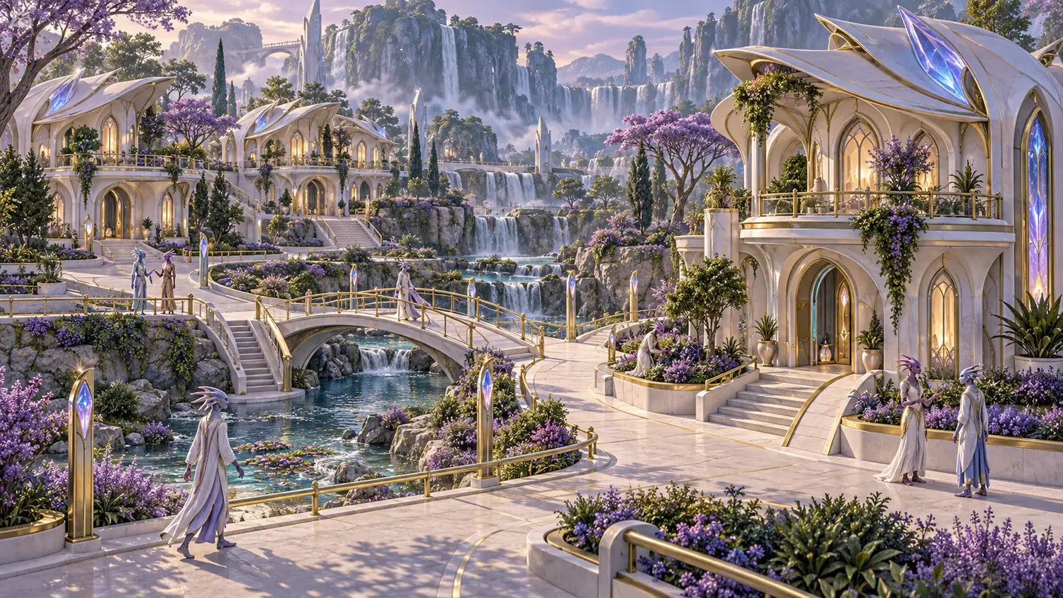 Painted art: curved white homes with crystal accents beside a garden canal and an arched footbridge, under lavender flowering trees.