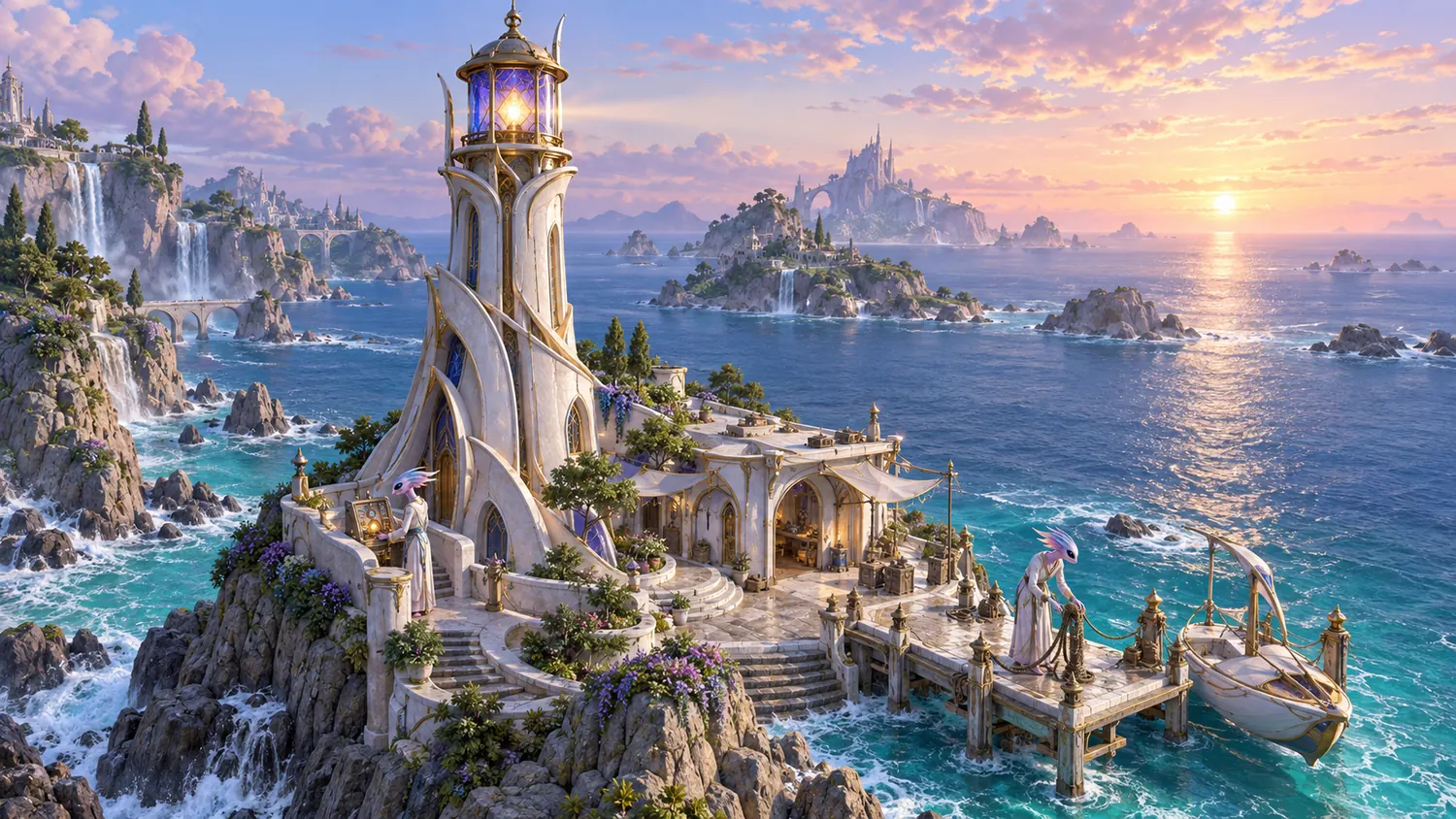 Ornate white lighthouse on a rocky islet with a stone pier and a moored boat, two robed lavender-skinned figures, and a sea dotted with islands under a pink sunset.